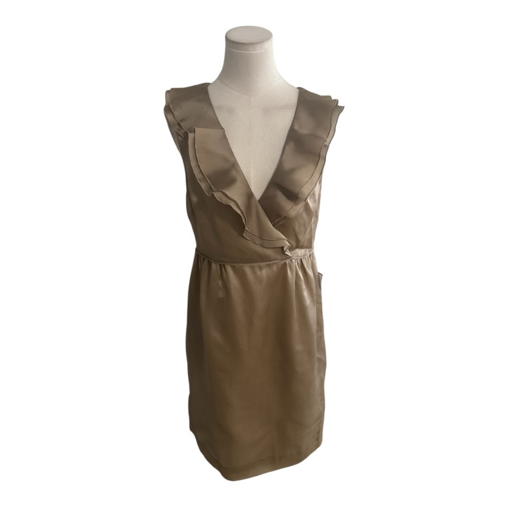 J. Crew Gold Sheath Mini Dress Plunge Neckline Ruffles Size 8 Silk Party Wedding